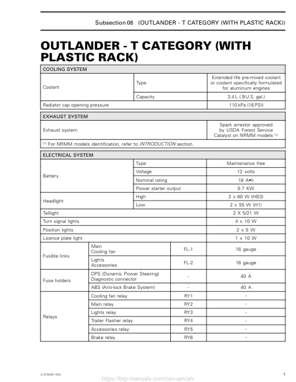 ATV 2019 Tech Spec Outlander T category (With Plastic Rack) Supp 219100951 040 Manual