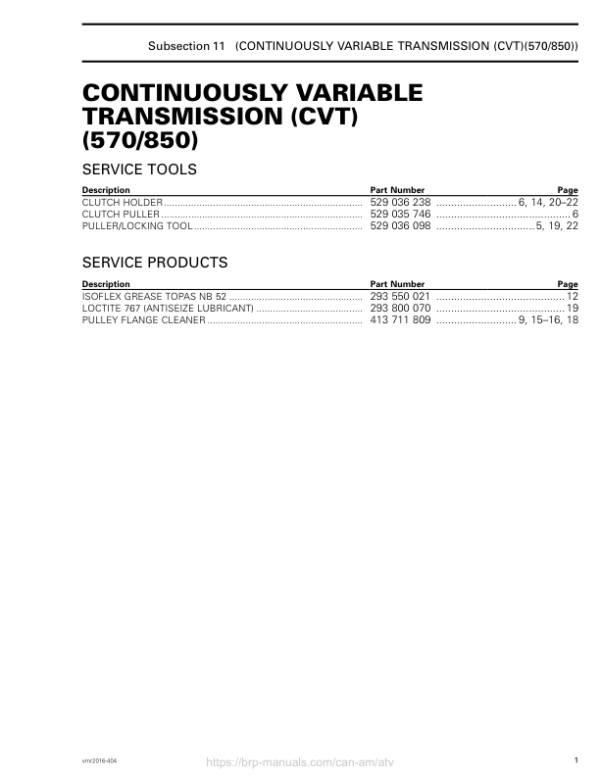 ATV Continuously variable transmission 570 850 (Renegade, Renegade X mr) Shop vmr2016 404 Manual