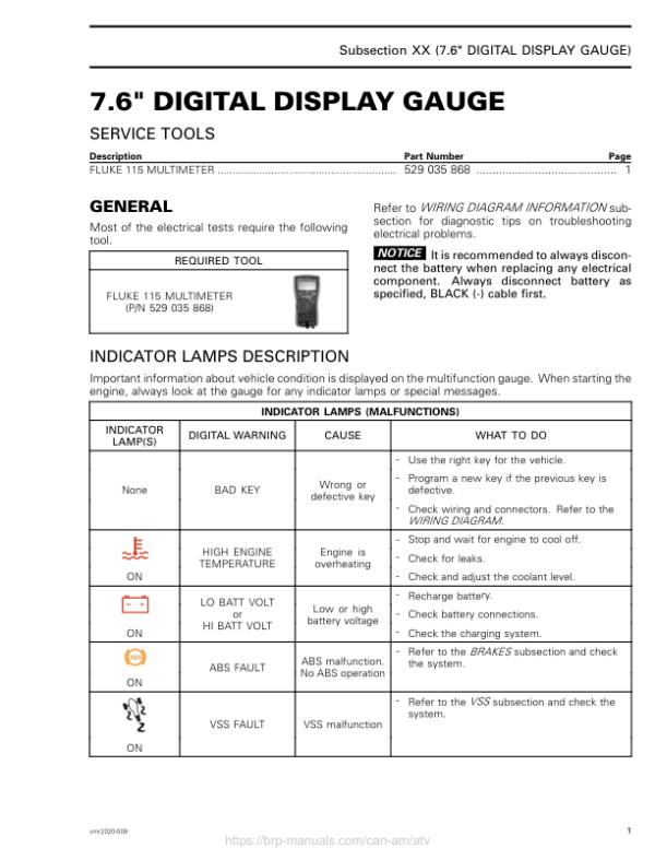 ATV 2020 7.6 Digital Display Gauge Shop Supp vmr2020 009 Manual