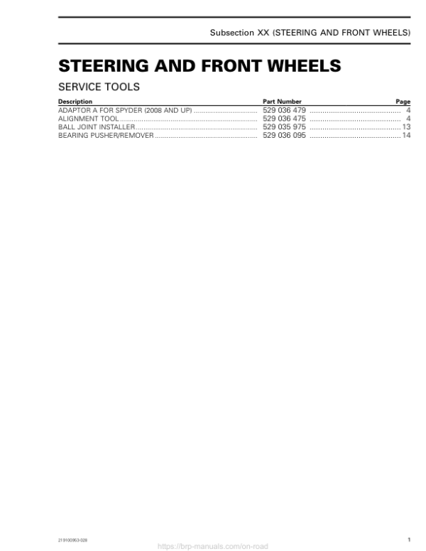 ON ROAD Steering and Front Wheels Shop 219100953 028 Manual