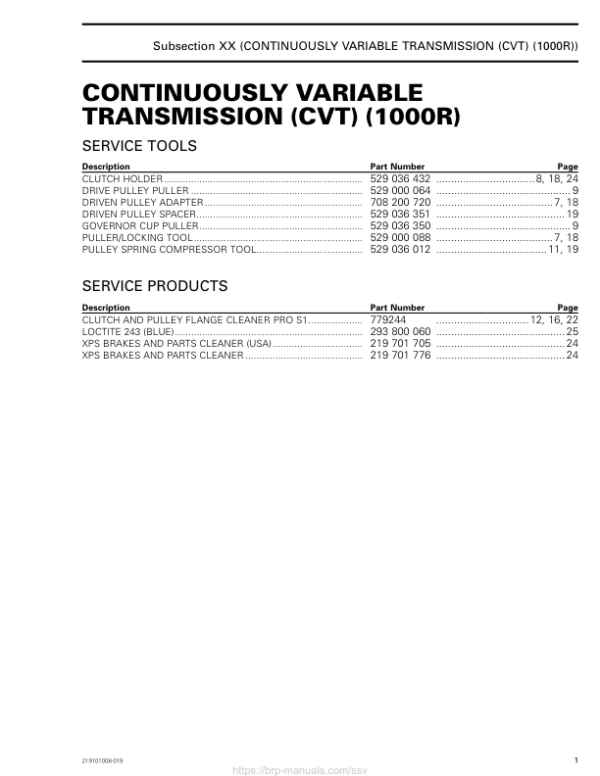 SSV 2020 Continuously Variable Transmission (CVT) (1000R) (Trail Sport) 219101008 019 Manual