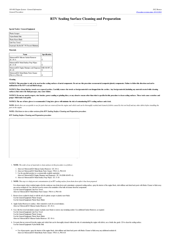 RTV Sealing Surface Cleaning and Preparation G2219094 Manual