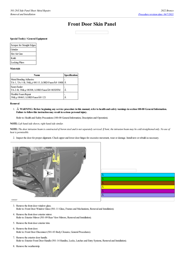 Front Door Skin Panel G2230200 Manual