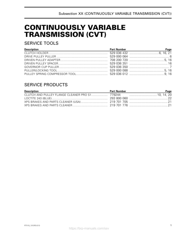 Rotax MY19 (1010RS SSV) Continuously Variable Transmission (CVT) RTX19 1010RS 010 en Manual