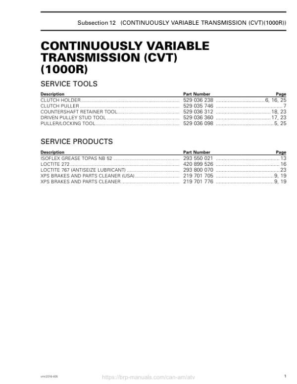 ATV Continuously variable transmission 1000R (Renegade, Renegade X mr) Shop vmr2016 405 Manual