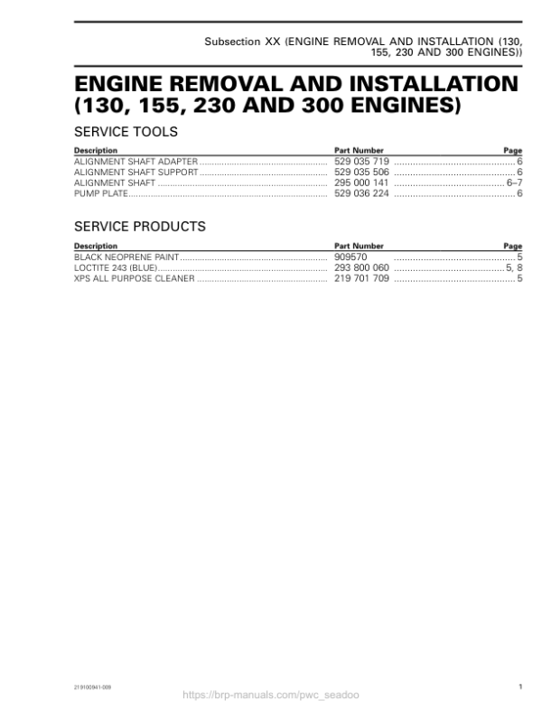 ENGINE REMOVAL AND INSTALLATION (130, 155, 230, 300 ENGINES) LINE UP SEA DOO Manual