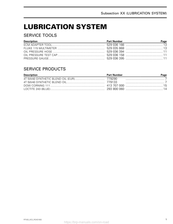 ROAD Lubrication (Ryker) Shop RTX20 ACE ROAD 002 Manual