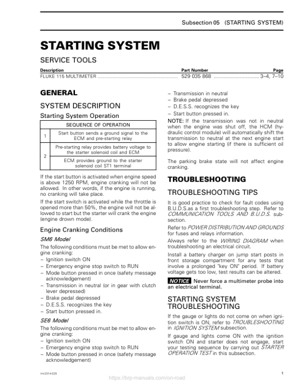 ROADSTER Starting System (RT) Shop 02wZajAAE SM61Y014S10 en Manual