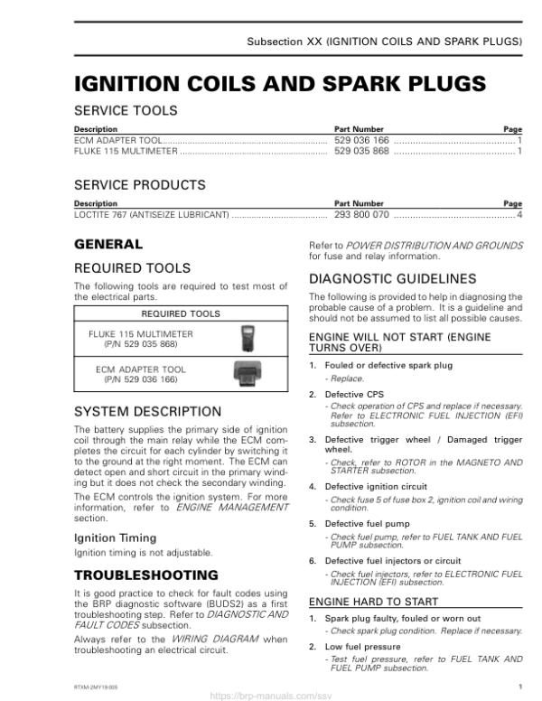 SSV 2020 Ignition Coils and spark Plugs HD10 Repair RTX20 1010HO 012 en Manual