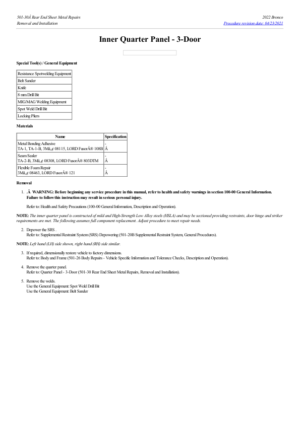 Inner Quarter Panel 3 Door G2230166 Manual