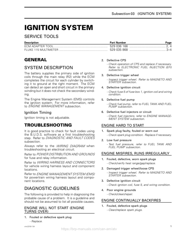 ATV Ignition System (Outlander) Shop supplement vmr2016 134 Manual