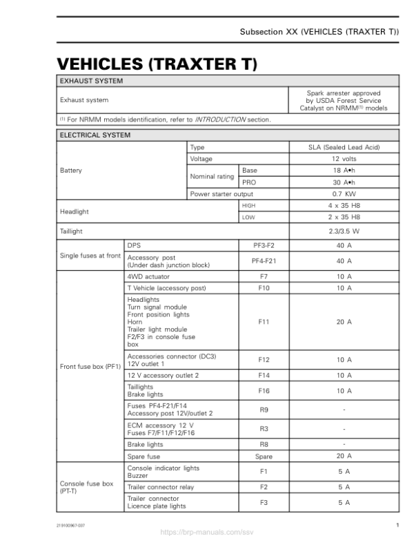 SSV 2019 Technical Specifications Vehicles (Traxter T) 219100967 037 Manual