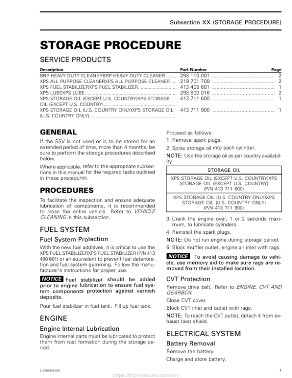 SSV 2018 STORAGE PROCEDURE (MAVERICK TRAIL) Shop 219100905 008 Manual