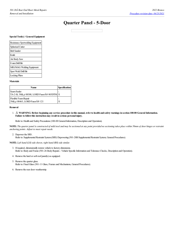 Quarter Panel 5 Door G2230169 Manual