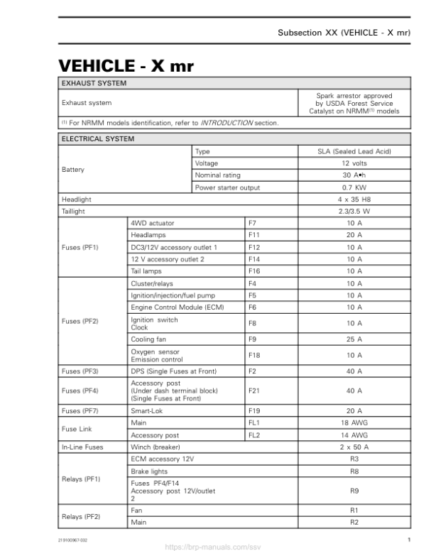 SSV 2019 Technical Specifications Vehicles (X mr) 219100967 032 Manual