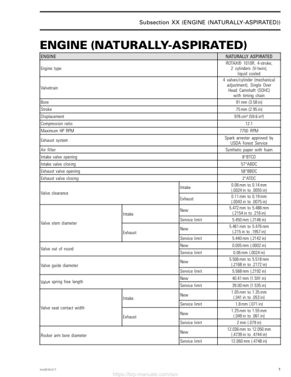 SSV (Maverick) Technical Specifications Engine (Naturally Aspirated) shop tmr2016 217 Manual