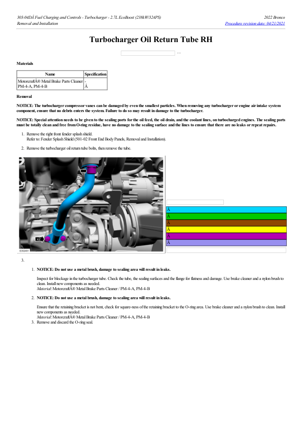 Turbocharger Oil Return Tube RH G2193105 Manual