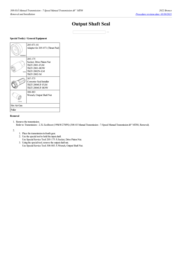 Output Shaft Seal G2218119 Manual