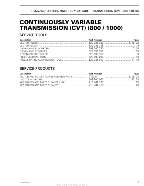 SSV 2020 Continuously Variable Transmission (CVT) (800 1000) (Trail Sport) 219101008 018 Manual