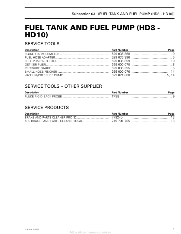 SSV MY20 Fuel Tank and Fuel Pump (HD8 HD10) 219101010 029 en Manual