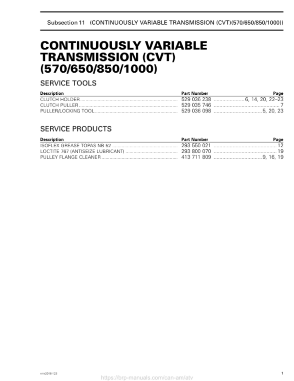 ATV CVT 570 650 850 1000 (Outlander) Shop supplement vmr2016 121 Manual