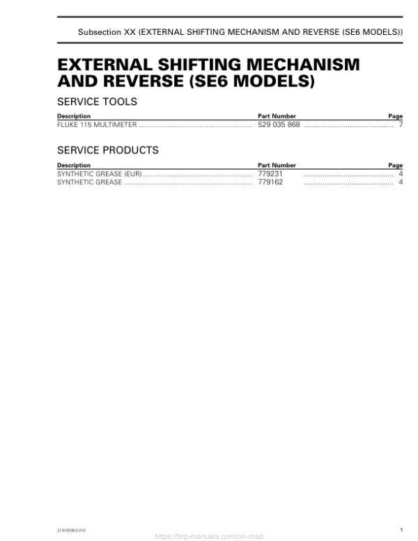 ON ROAD External Shifting Mechanism and Reverse Shop 219100953 010 Manual