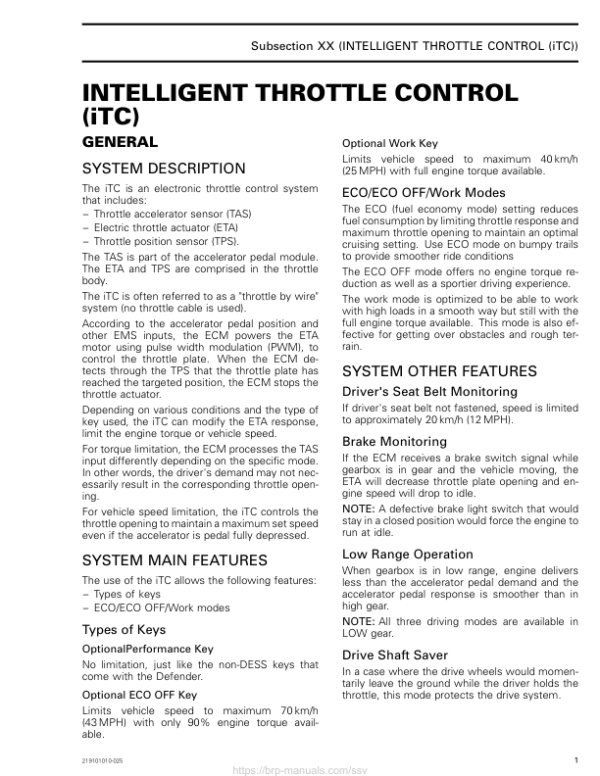 SSV MY20 Intelligent Throttle Control (iTC) (Defender suppl.) 219101010 025 en Manual