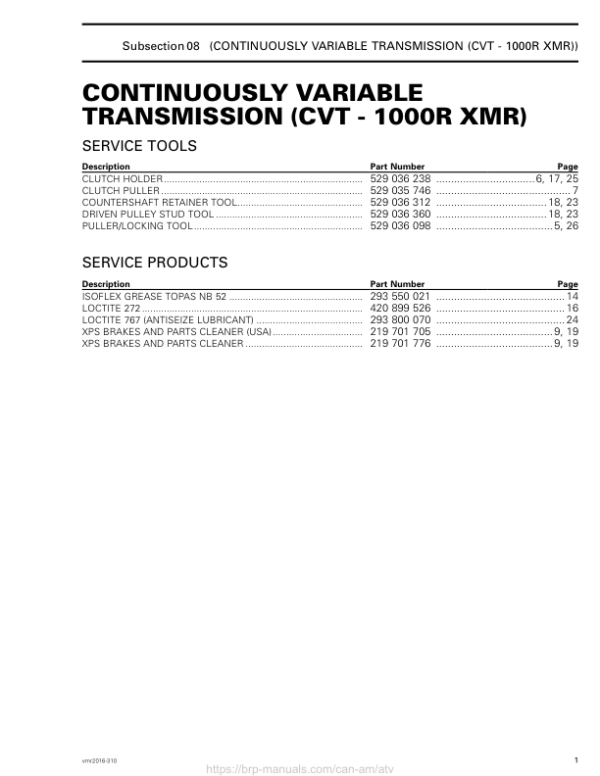 ATV CVT 1000R Xmr (Outlander X mr) Shop supplement vmr2016 310 Manual