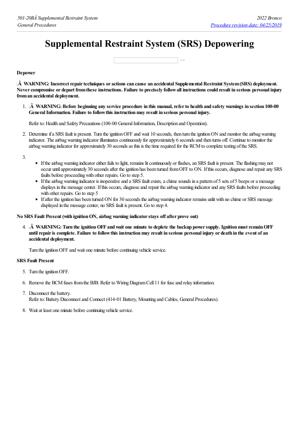 Supplemental Restraint System (SRS) Depowering G2208192 Manual