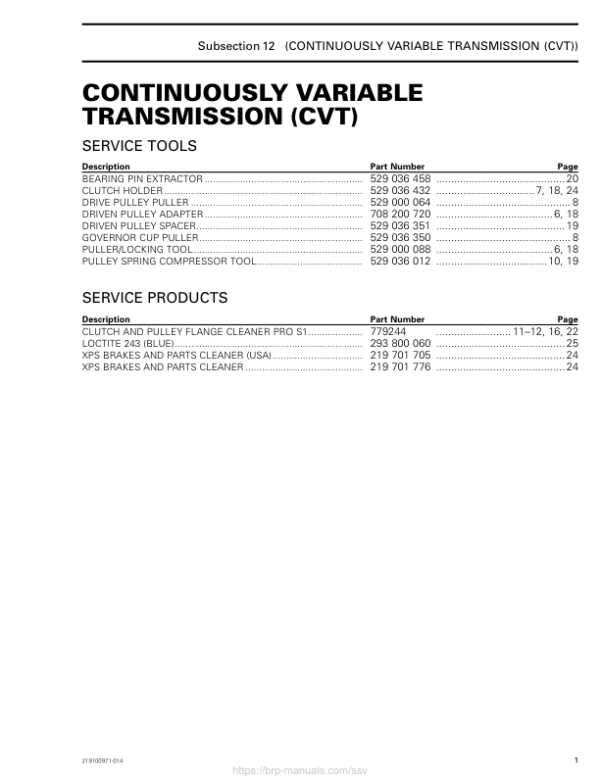 SSV 2019 Continuously Variable Transmission (CVT) Maverick Shop Supp 219100971 014 Manual