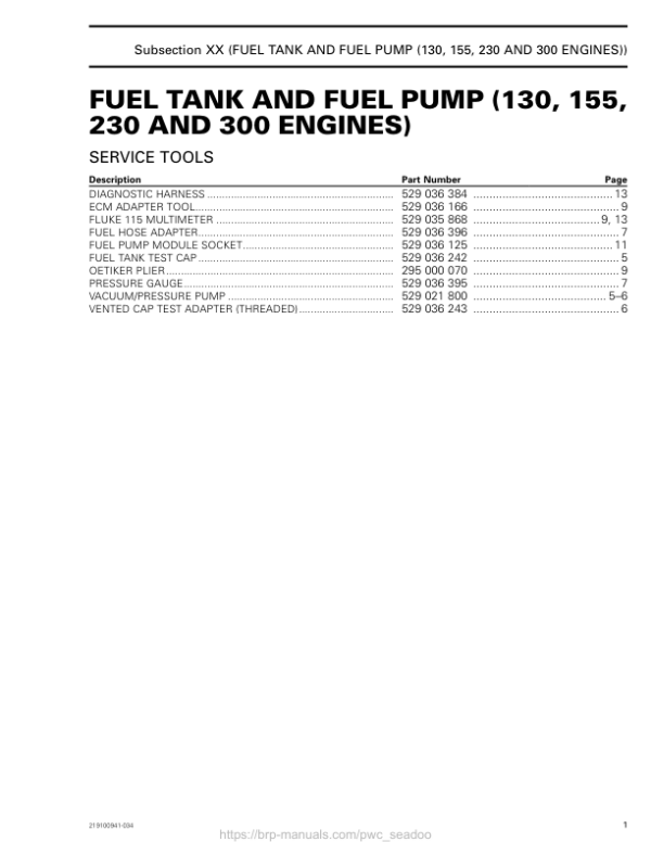 FUEL TANK AND FUEL PUMP (130, 155, 230 and 300 engines) LINE UP SEA DOO Shop Supp 219100941 034 Manual