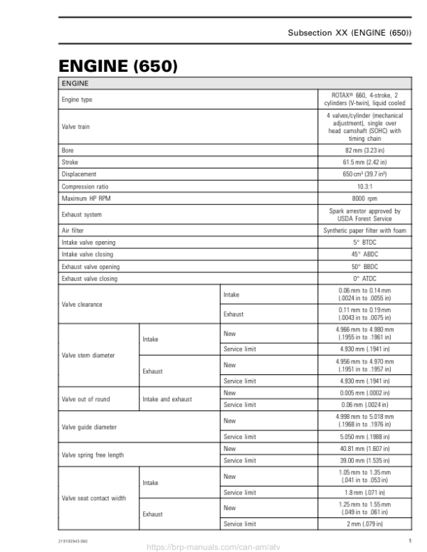 ATV MY18 Technical Specification Engine 650 219100885 060 Manual