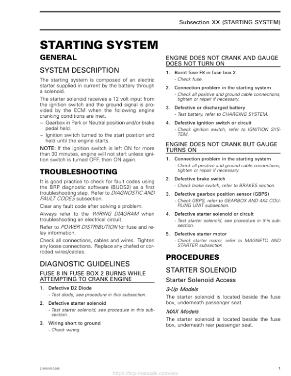 SSV MY20 Starting System (Defender suppl.) 219101010 035 en Manual