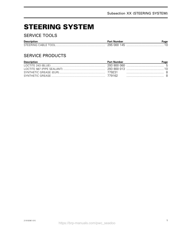 Steering System GTI GTR WAKE 155 Shop Supp. 219100961 016 Manual