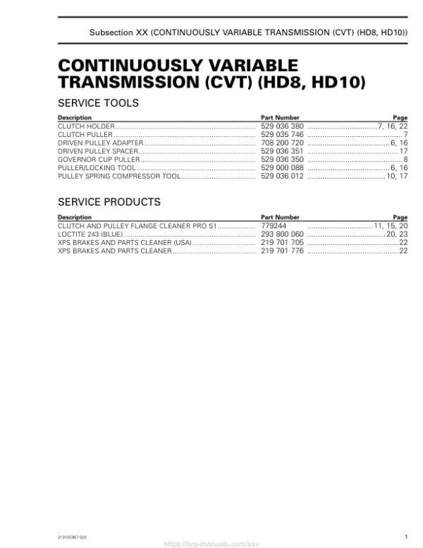 SSV 2019 Continuously Variable Transmission (CVT) (HD8, HD10) 219100967 020 Manual