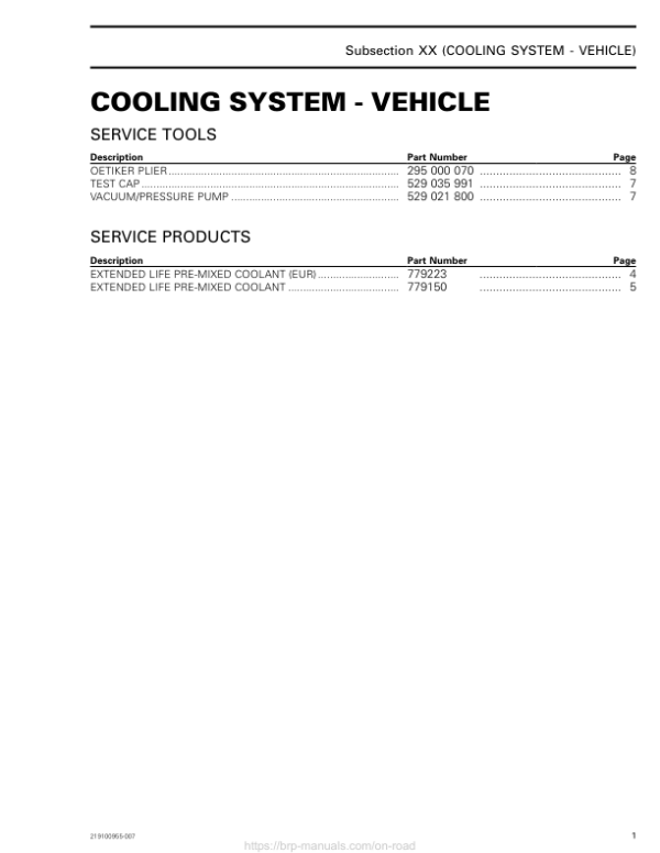 ROAD Cooling System Vehicle Shop 219100955 007 Manual