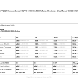 ATV 2021 Outlander Series 570(PRO+) 650 850 1000R (Table of Contents) Shop 137765 SM51Y020 en Manual