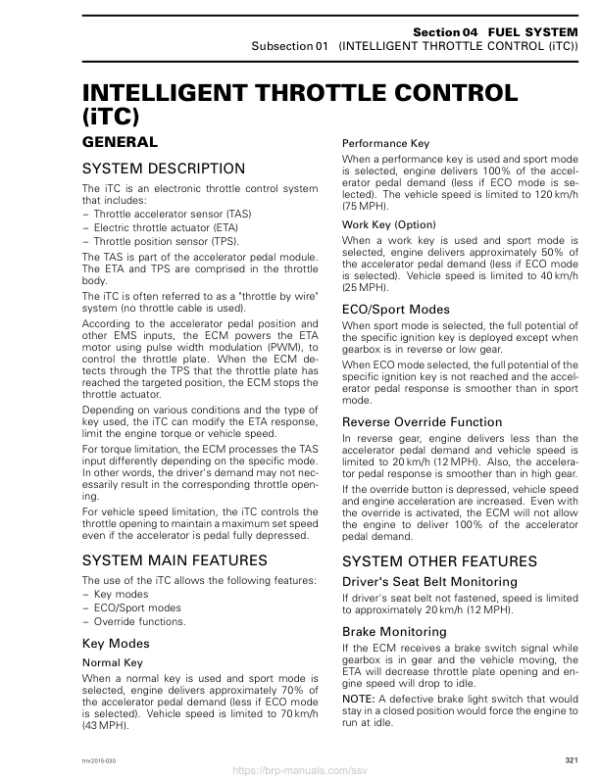 SSV Intelligent Throttle Control (iTC) (MAVERICK XDS) Shop 03a9N3AAI SM91Y014S02 tmr2015 030 Manual