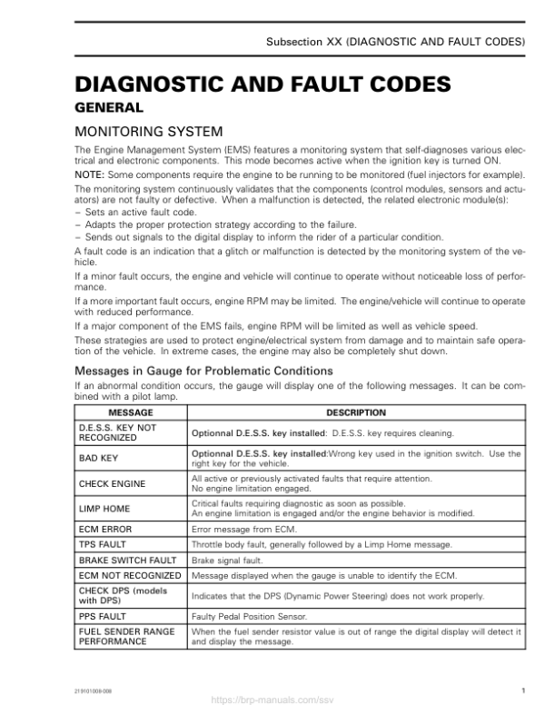 SSV 2020 Diagnostic and Fault Codes (Trail Sport) 219101008 008 Manual