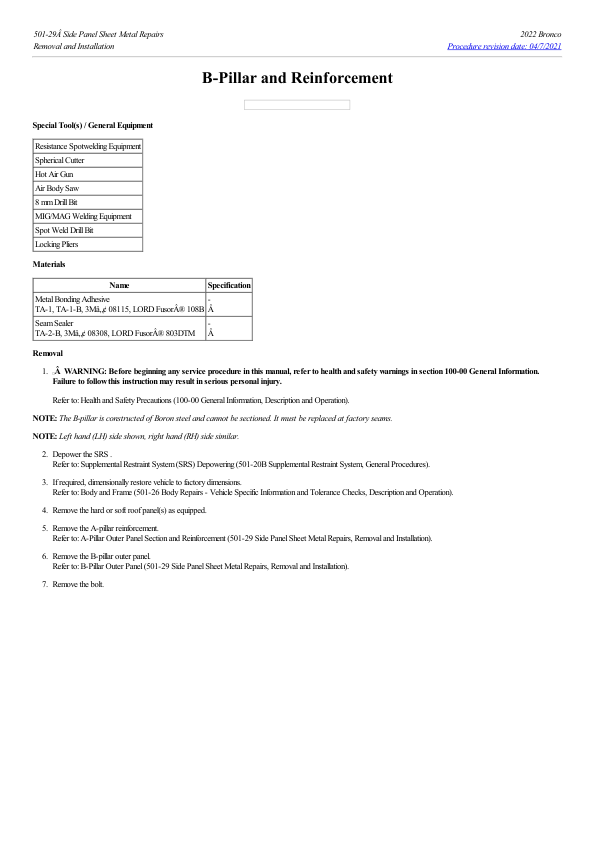 B Pillar and Reinforcement G2230184 Manual