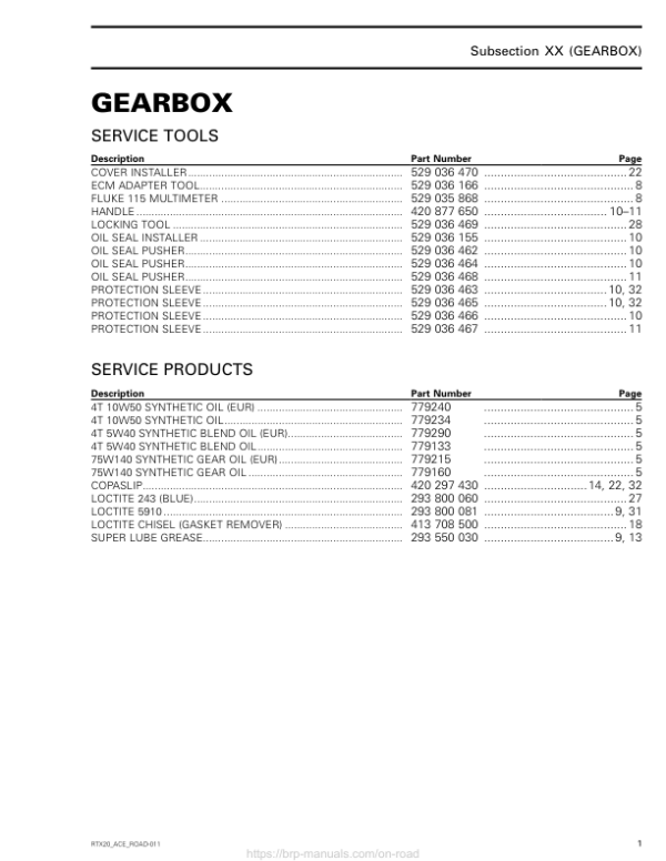 ROAD Gearbox (Ryker) Shop RTX20 ACE ROAD 011 Manual