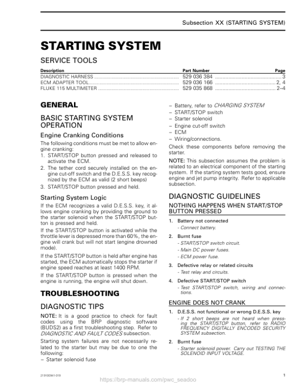 Starting System LINE UP SEA DOO Manual