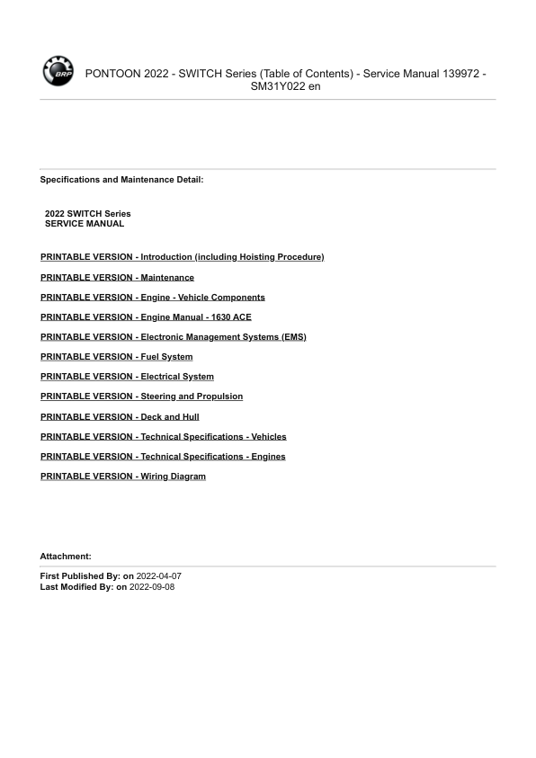 PONTOON 2022 SWITCH Series (Table of Contents) 139972 SM31Y022 en Manual