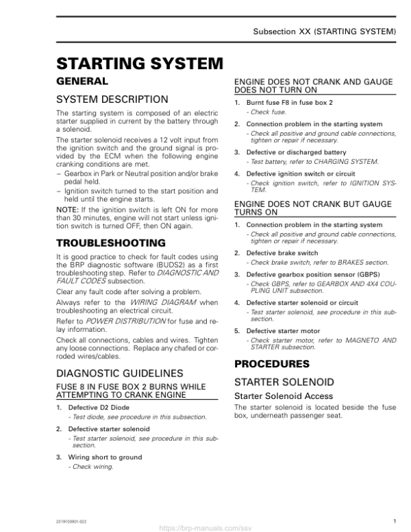 SSV Starting System (Defender) Shop supp. 219100901 022 Manual