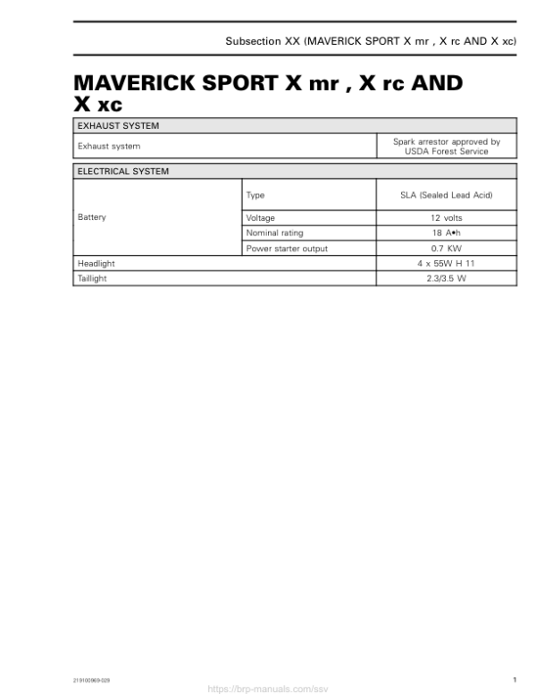 SSV 2020 Tech Specs Maverick Sport X mr, X rc and X xc 219101008 016 Manual