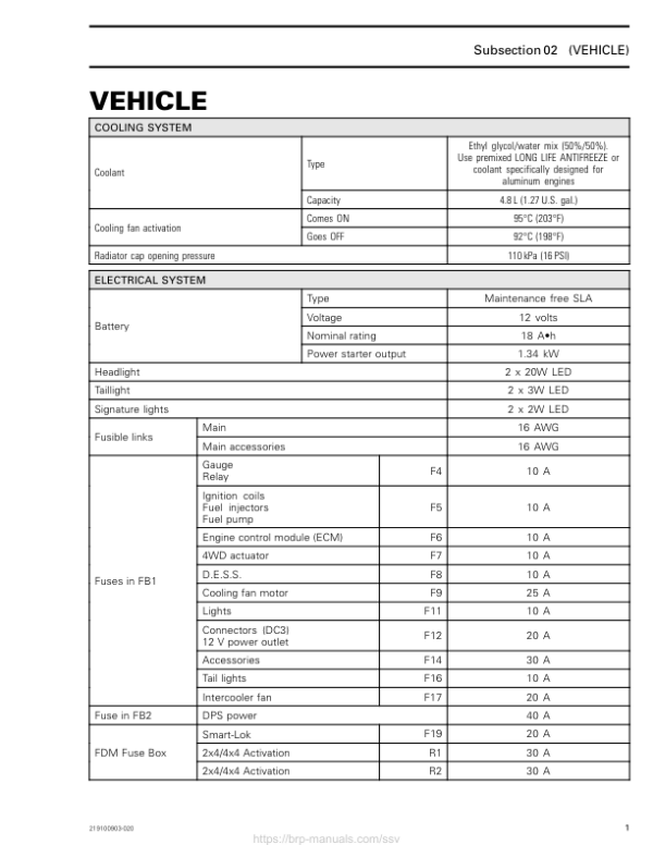 SSV 2018 Vehicle Specifications (MAVERICK X3 X rc) Shop Supp 219100903 020 Manual