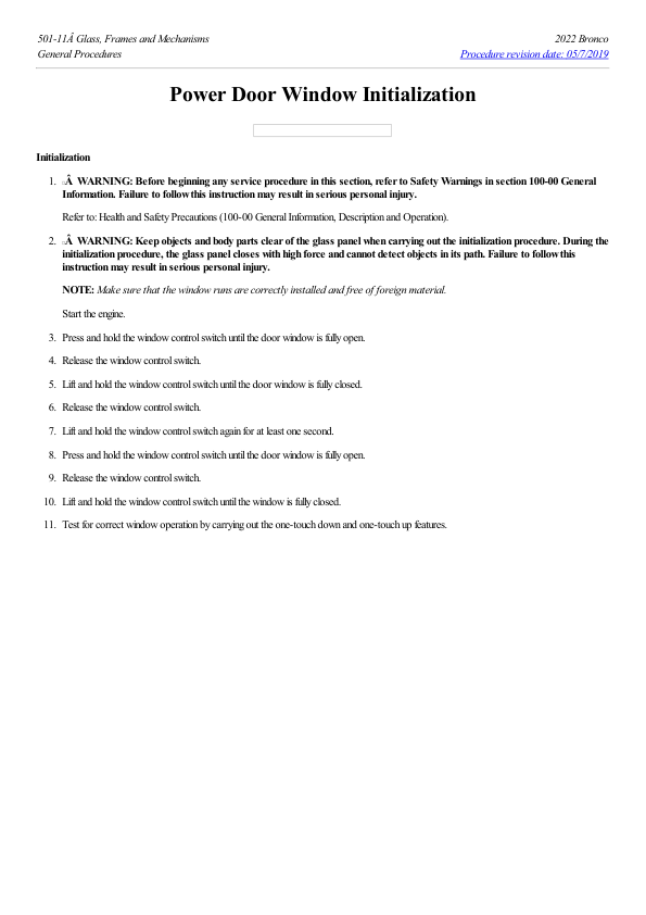 Power Door Window Initialization G2217491 Manual