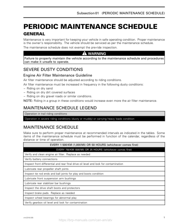 ATV Periodic Maintenance Schedule (Outlander L Xmr Outlander X mr) Shop supplement vmr2016 305 Manual