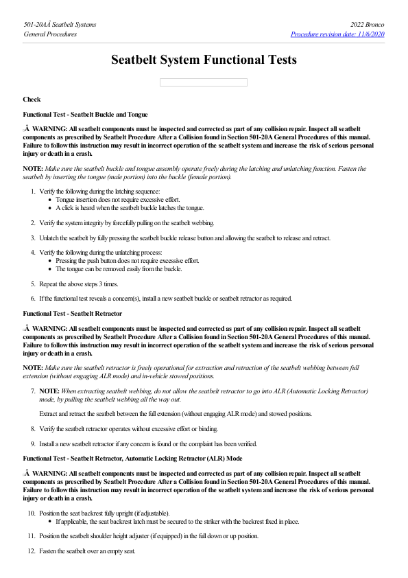 Seatbelt System Functional Tests G2219505 Manual