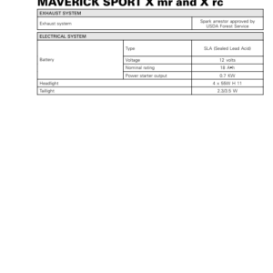 SSV 2019 Technical Specifications Maverick Sport X mr and X rc Shop Supp 219100969 029 Manual